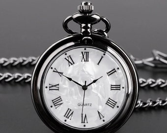 Mother of Pearl Quartz Pocket Watch - Personalised Black Pocket Watch White MOP Roman Dial