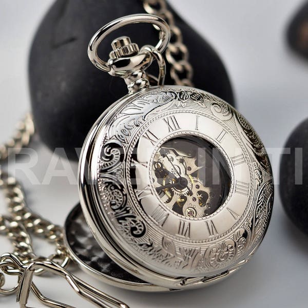Personalised Skeleton Roman Silver Pocket Watch
