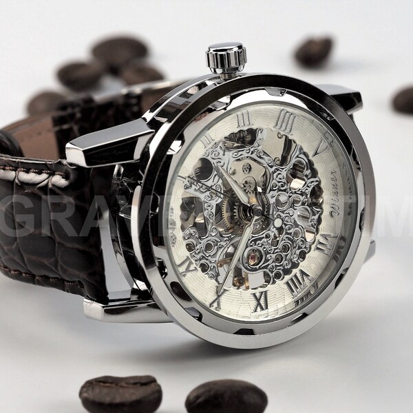 Engraved Skeleton Wrist Watch - Roman White Dial - Brown or Black Italian Calf Leather Band - Personalised Metal Gift Box - (WW-1-G-BRW/BLK)