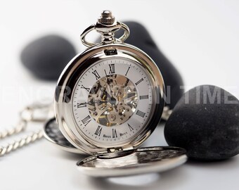 Personalized Skeleton Pocket Watch - Double Half Hunter Engraved Pocket Watch Roman Numerals - Silver Colour - PW-3-M