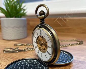 Pocket Watch - Personalised Antique Bronze Full Hunter Skeleton Pocket Watch Roman Numerals