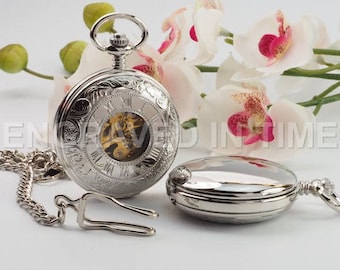 Engraved Skeleton Pocket Watch – Personalised Roman Numeral Pocket Watch Silver Colour - Gift Boxed - PW-17-M