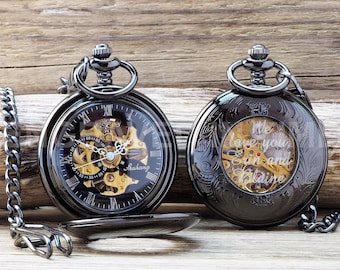 Glass Engraved Skeleton Pocket Watch - Mens Pocket Watch - Roman Numerals Personalized Black - Velvet Gift Pouch - PW-4-G