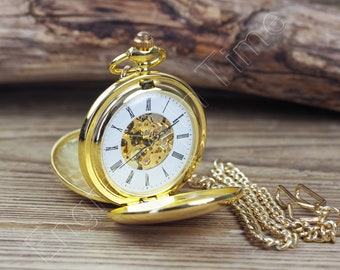 Personalised Gold Full Hunter Roman Dial Mechanical Pocket Watch