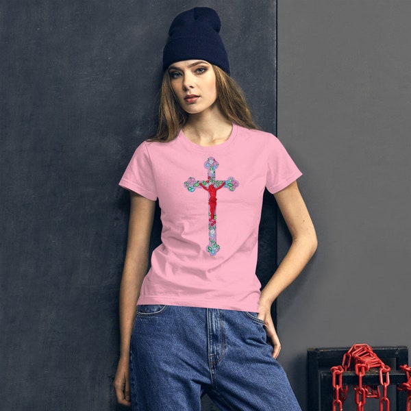 T-shirt à Manches Courtes pour Femmes Crucifix Pop Art Street Style