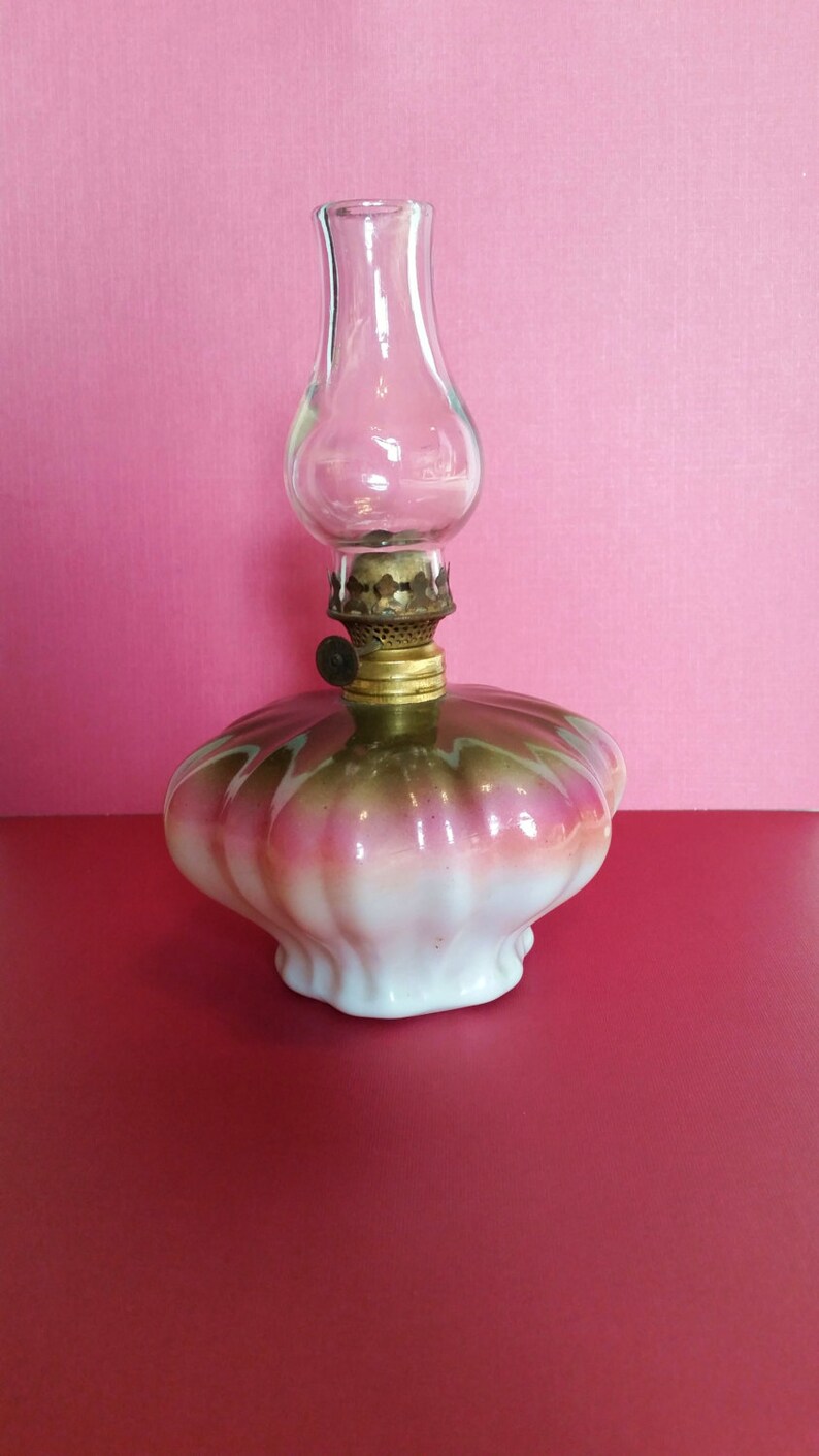 Victorian Miniature Oil Lamp White Milk Glass With Pink And Green Paint Antique Mini Kerosene Courting Bedroom Chimney - Green Milk Glass Oil Lamp Victorian Miniature Oil Lamp White Milk Glass With Pink And Green Paint Antique Mini Kerosene Courting Bedroom Chimney - Green Milk Glass Oil Lamp