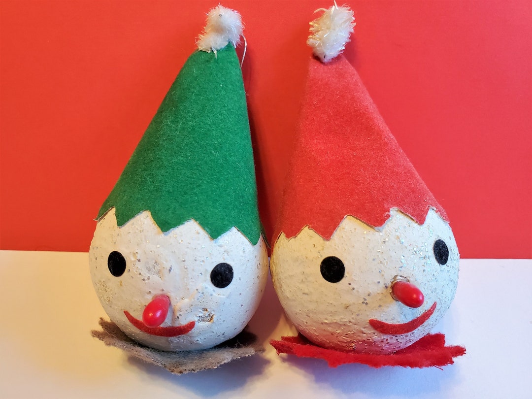 Set of 2 Vintage Paper Mache Snowman Head Ornaments Mica Glitter Cardboard Made in Japan Mid