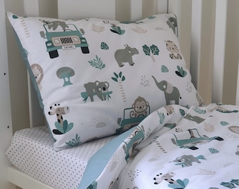 Baby Cot Bedding Duvet Cover , Pillowcase Set ,Safari, Jungle, Happy Elephants and little friends, grey, green  pure cotton, baby boy, girl