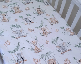 Jungle Animals, Safari Cot-Bed-Fitted-Sheet-100% cotton, Jungle Friends, 60 x 120 cm , 70 x 140 cm, sage green, space saver