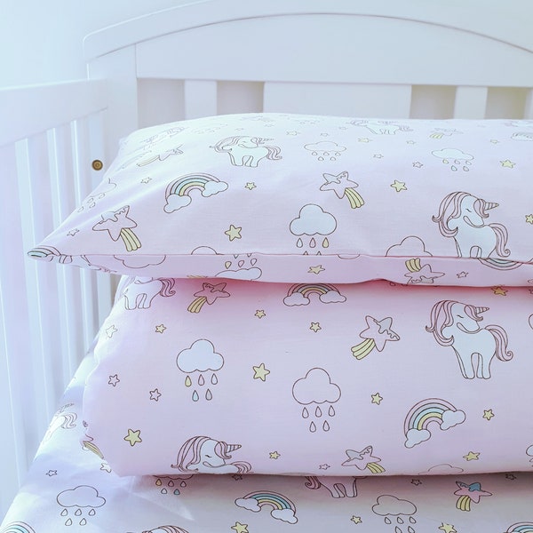 Parure de lit pour lit de bébé fille, licorne, arc-en-ciel, 100 % coton, rose pour chambre de bébé, housse de couette 90 x 120 cm, taie d'oreiller 40 x 60 cm