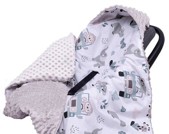 Baby Car Seat Blanket with Hood  ,with velcro fasteners  ,3 -point harness,  Baby Wrap -  Safari Animals, Jungle, Baby shower