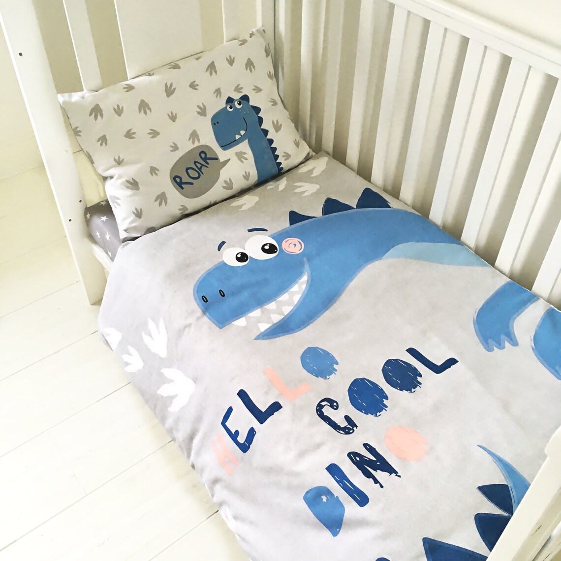 Dinosaur cot bedding set Baby boy nursery grey and blue 23 Etsy