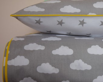 Single Bed Duvet Cover Set Girls Boys Grey Clouds & Stars yellow  piping , Reversible , 100% cotton , Fabricco