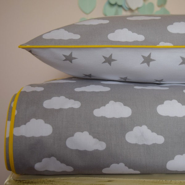 Single Bed Duvet Cover Set Girls Boys Grey Clouds & Stars yellow  piping , Reversible , 100% cotton , Fabricco