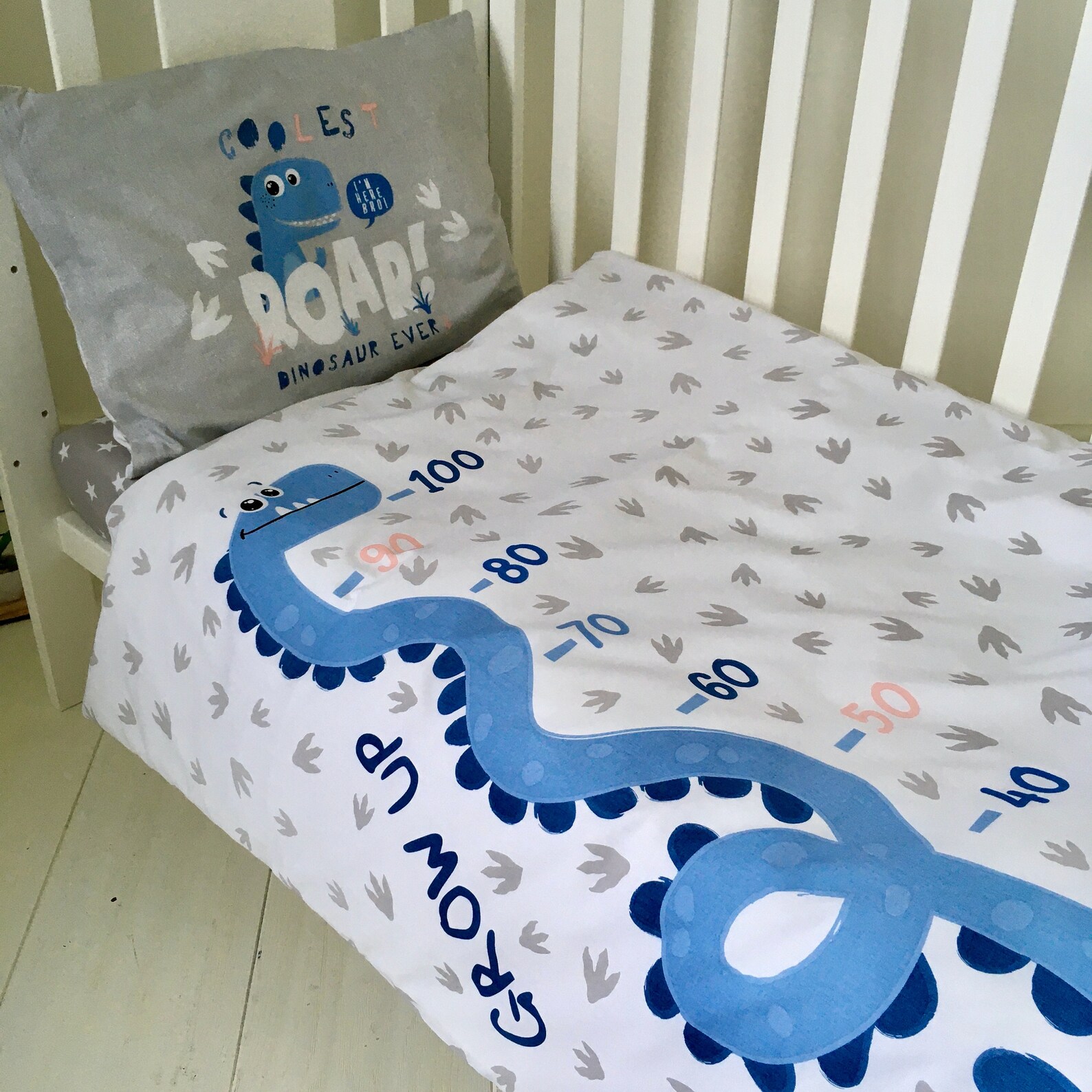 Dinosaur cot bed bedding set Baby boy nursery grey blue 23 Etsy