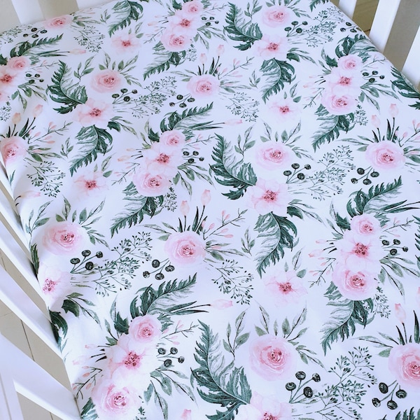 Baby Girl Cot Fitted Sheet. Pink Flowers, Garden Baby Cot-Bed-Fitted-Sheet-100% cotton , ,60 x 120 cm , 70 x 140 cm, floral nursery