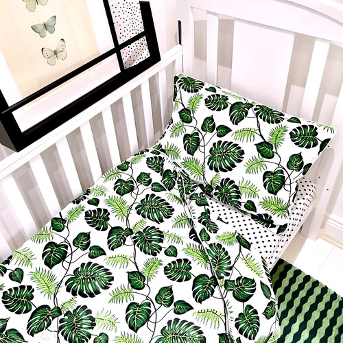 Monstera Leaves Cot Bed Sheet Tropical Nursery Bedding Green Etsy UK