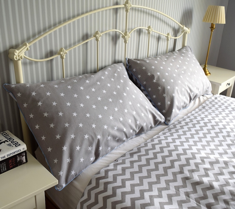 Grey COTTON Double Bed Duvet Cover Set Grey & White Chevron Etsy