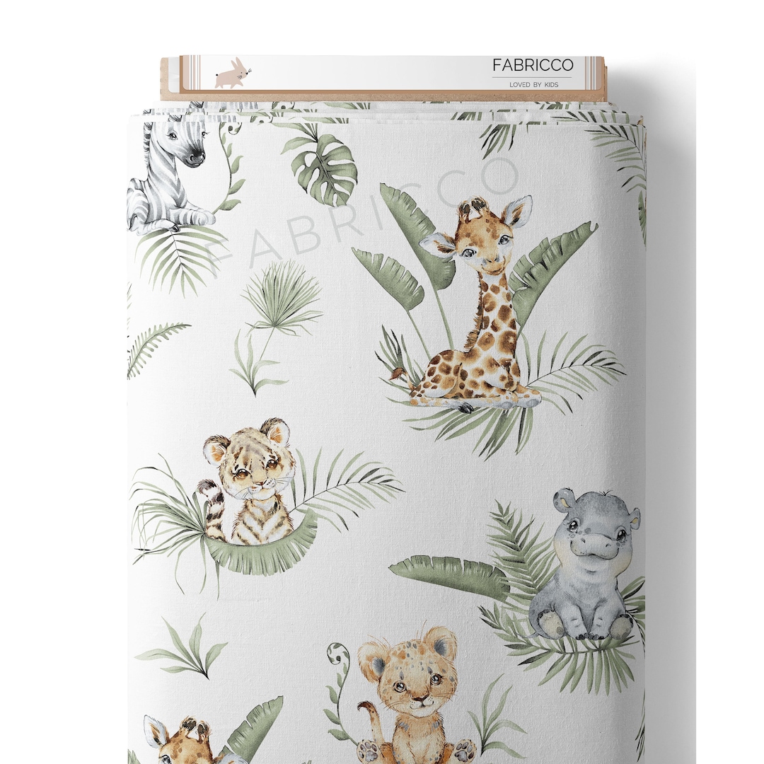 Cute Safari Cotton Fabric, Kids, Jungle Animals, Be Brave, Green