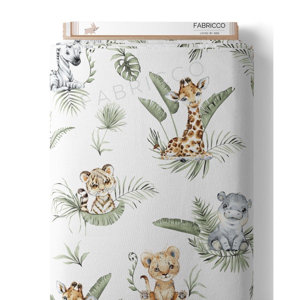 Cute Safari Cotton Fabric, Kids, Jungle Animals, Be Brave, green , beige, natural, cotton fabric meter EX WIDE 160 CM 64''  baby nursery