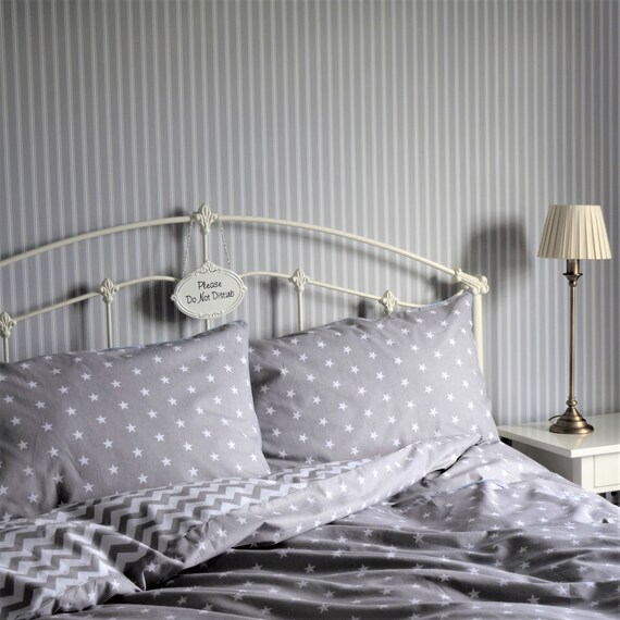 Grey Cotton Double Bed Duvet Cover Set White Chevron Stars Modern Reversible