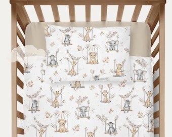 Beige Jungle Animals Cot Bed Duvet Cover Set, Fitted Sheet, Baby Bedding, Toddler,Safari Animals Bedding, Children Room Decor, Pure Cotton