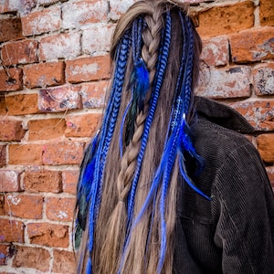 Black-navy blue hair-feather mixed extensions, hair deccoration, clip-in dreads, braids and feathers