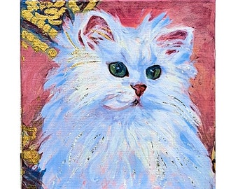 Princess, glam cat, Persian, white cat, oriental carpet, original painting, 23Kgold, real silver, 8x8x2, great gift, beautiful cat, loveable