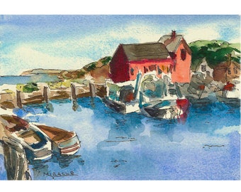 Boat shack, Motif #1, Rockport, Massachusetts, original painting, watercolor, pen, ink, matted, water scene, 8x10, gift, ocean, Atlantic,