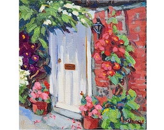 Leeda's Doorway, original painting, square, Ireland, flowers, old building, Europe, bright colors, impressionist, clematis, geranium, vines