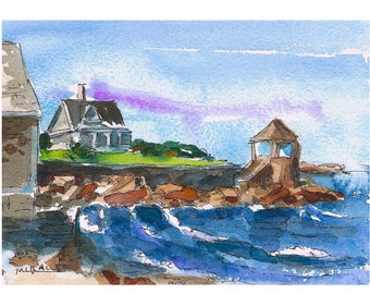 Rockport MA, beach, Rockport beach, ORIGINAL PAINTING, watercolor, pen ink, gift, matted, impressionist, Atlantic, ocean, waves, new England