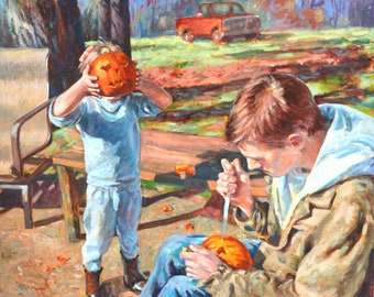 Pumpkin Head, original, oil, canvas, 29 x 36, impressionism, story, mystery, girl, pumpkin carving, man, fall, autumn