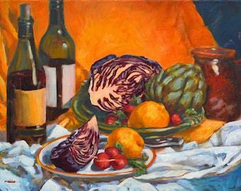 Red Cabbage Still Life, original, oil painting, vegetables, wine, traditional, impressionist, Kit Miracle, bright colors