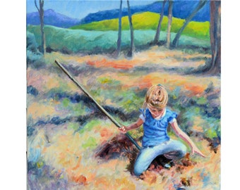 The Huntress 2, original, oil, canvas, impressionism, girl, figurative, woods, mystery, 20 x 20