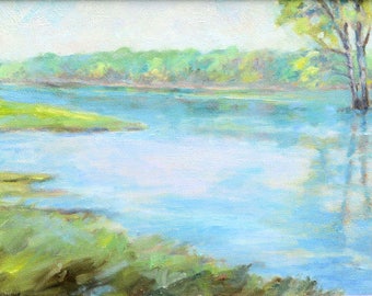 Swan Lake, New Harmony, Indiana, Wabash River, original painting, impressionist, 12 x 24, soft colors, spring, POSEY COUNTY, Kit Miracle
