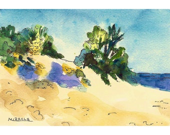 Indiana Dunes, national park, Lake Michigan, beach, Chicago, sand dunes, ORIGINAL PAINTING, free matting, water scene, watercolor, pen ink