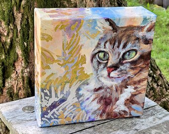 Ki, glam cat, real gold and silver, square, deep canvas, impressionist, soft colors, fluffy cat, 8x8x2, great gift, Mother's Day, feminine