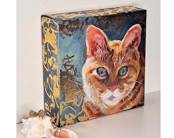 Tom, glam cat, original painting, gold gilt, 3D effect, 8x8, alley cat, pet, glamorous, kit miracle, cat lover, ready to hang, great gift