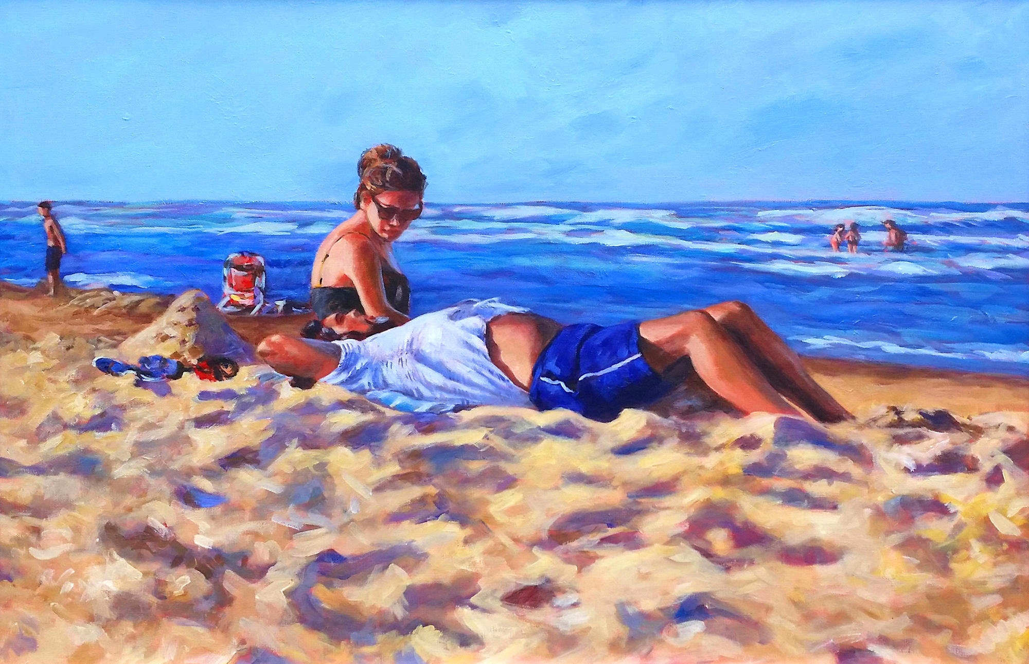 beach-couple-original-painting-framed-beach-ocean-sea-sand