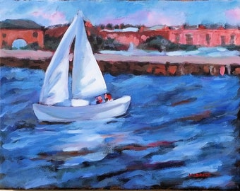 Boston Harbor, original painting, 11 x 14, sailing, Massachusetts, New England, acrylic, water scene, sail boat, landscape, seascape,