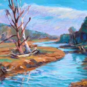 Early Morning at the Cove, original painting, 11 x 14, acrylic, impressionistic, landscape, lake, water scene, bright colors, Kit Miracle