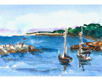 Rockport harbor, Rockport Massachusetts, original painting, watercolor, pen ink, ocean, boats, Atlantic, gift, sail boats, rocky beach,