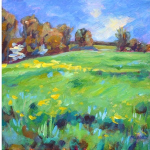 Spring Sunrise over East Field, original painting, square, 12 x 12, impressionist, spring colors, soft colors, flowers, trees, peaceful
