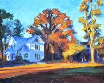 Farmhouse with Red Maple, autumn, original painting, landscape, fall, country scene, bright colors, trees, impressionistic, CRAWFORD COUNTY