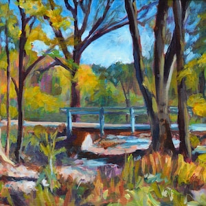 Little Country Bridge, original, painting, landscape, impressionist, autumn, fall, spring, creek, stream, water, trees, bridge, rural