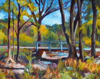Little Country Bridge, original, painting, landscape, impressionist, autumn, fall, spring, creek, stream, water, trees, bridge, rural