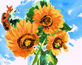Sunflowers, original, painting, watercolor, pen and ink, cheerful, bright colors, unframed, Kit Miracle