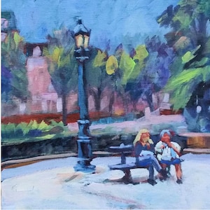 Lunch in the Park, Paris, Notre Dame, original, painting, two women, picnic, France, 10 x 10, small painting, street lamp, Kit Miracle
