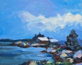 Farm on the Cove, Nova Scotia, original, painting, landscape, impressionist, sea view, ocean, travel, rocky coast, farm, gift, muted colors