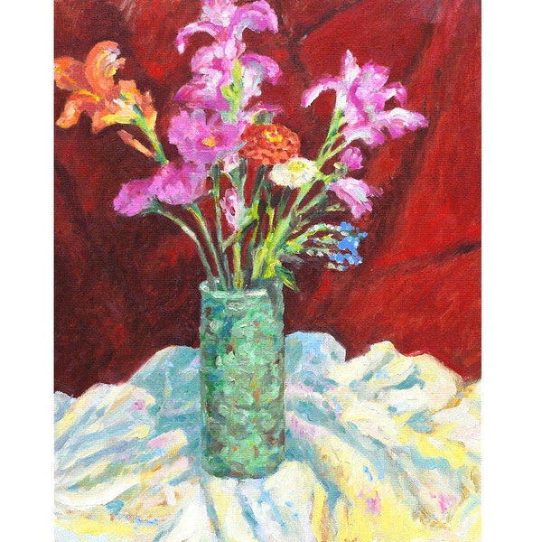 Gladiolas in Green Vase, oil, original, painting, canvas, 20 x 16, impressionistic, affordable art, Kit Miracle, colorful, wall art,